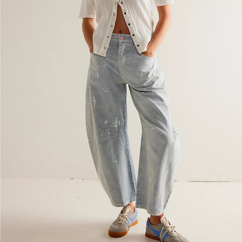 We The Free Good Luck Mid-Rise Stripe Barrel Jeans